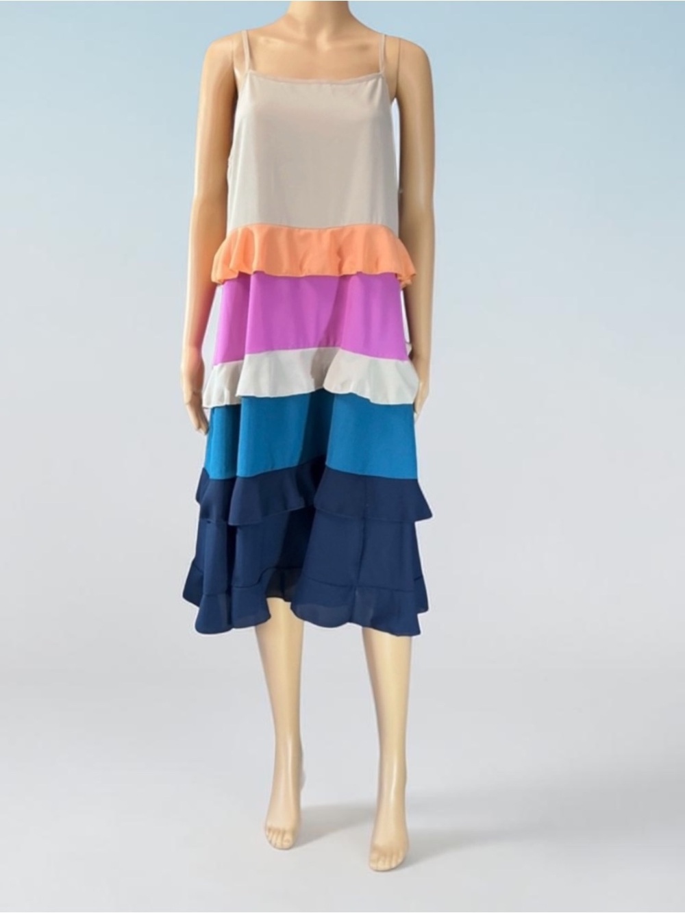 Sugarfox A California Company Beige and Blue Midi Strapless Summer Dress